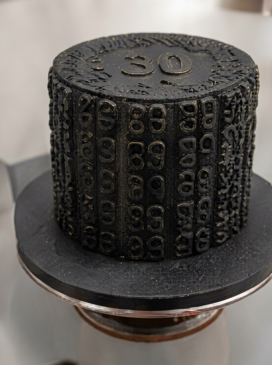 Black sculpted milestone cake