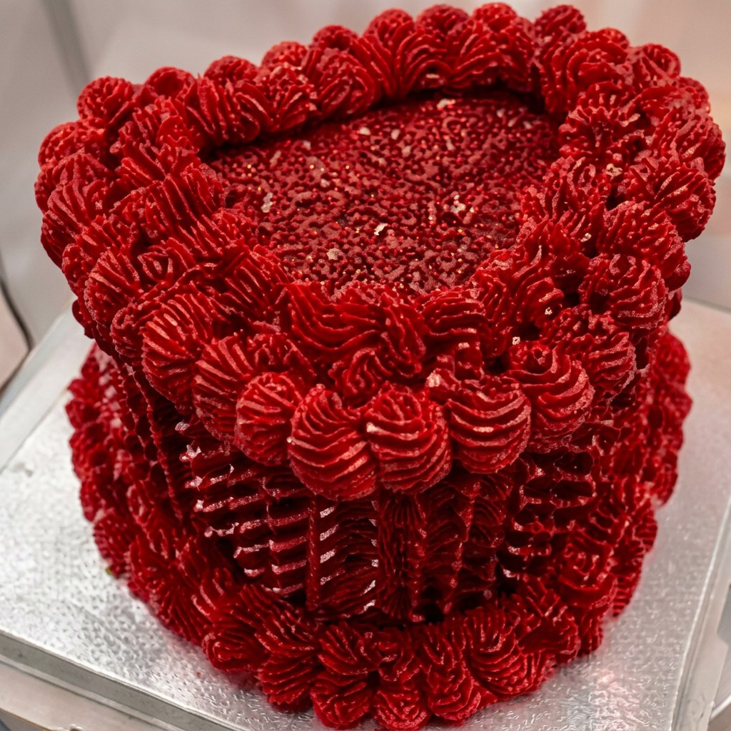 Red heart-shaped vintage piped cake