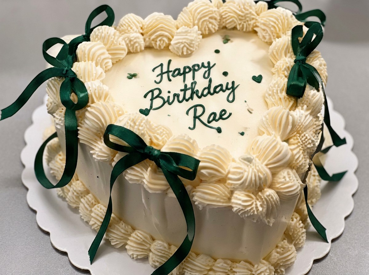 Vintage cake with green bows reading Happy Birthday Rae